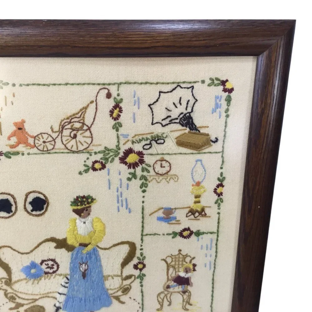 Vtg Finished Framed Crewel Embroidery Spinnerin Nostalgia 326 Elaine Thompson